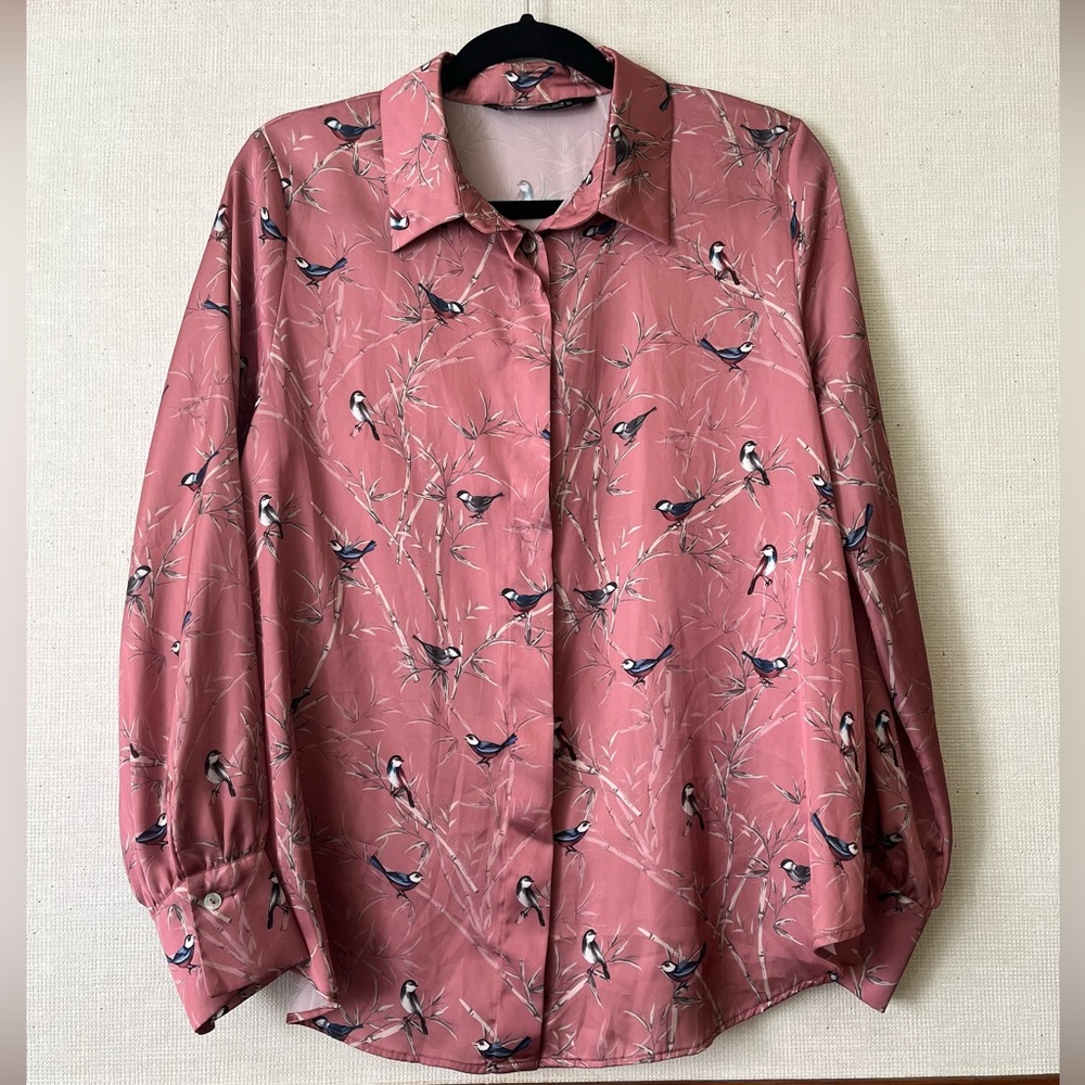 Silky Pink Songbird Print Blouse